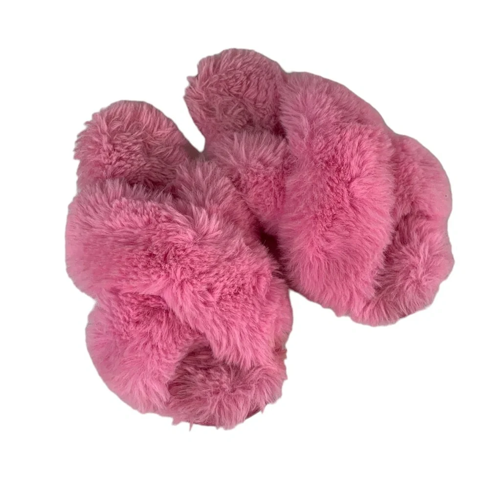 Girls Faux Fur Cross Strap Fluffy Slider Slippers Size S (13-1)